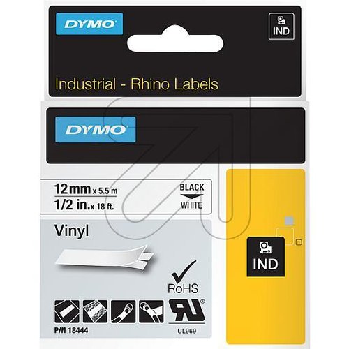 DYMO Industrie-Schriftband IND-Vinyl, B12mm 18444 - schwarz auf weiss - EAN 071701184443