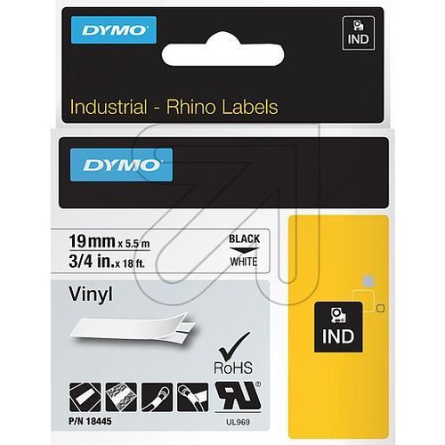 DYMO Industrie-Schriftband IND-Vinyl, B19mm 18445 - schwarz auf weiss - EAN 071701184450